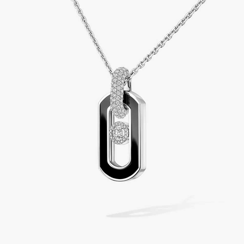 So Move onyx necklace So Move necklace in 18-karat white gold and onyx, pendant ring features pavé diamonds and a motif set with a brilliant-cut moving diamond, elevated by a diamond entourage. Adjustable thanks to its sliding clasp.