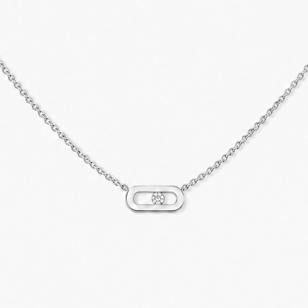 Collier Move Uno, mini modèle Collier Move Uno en or blanc 18 carats, motif serti d'un diamant mobile taille brillant en son centre.
