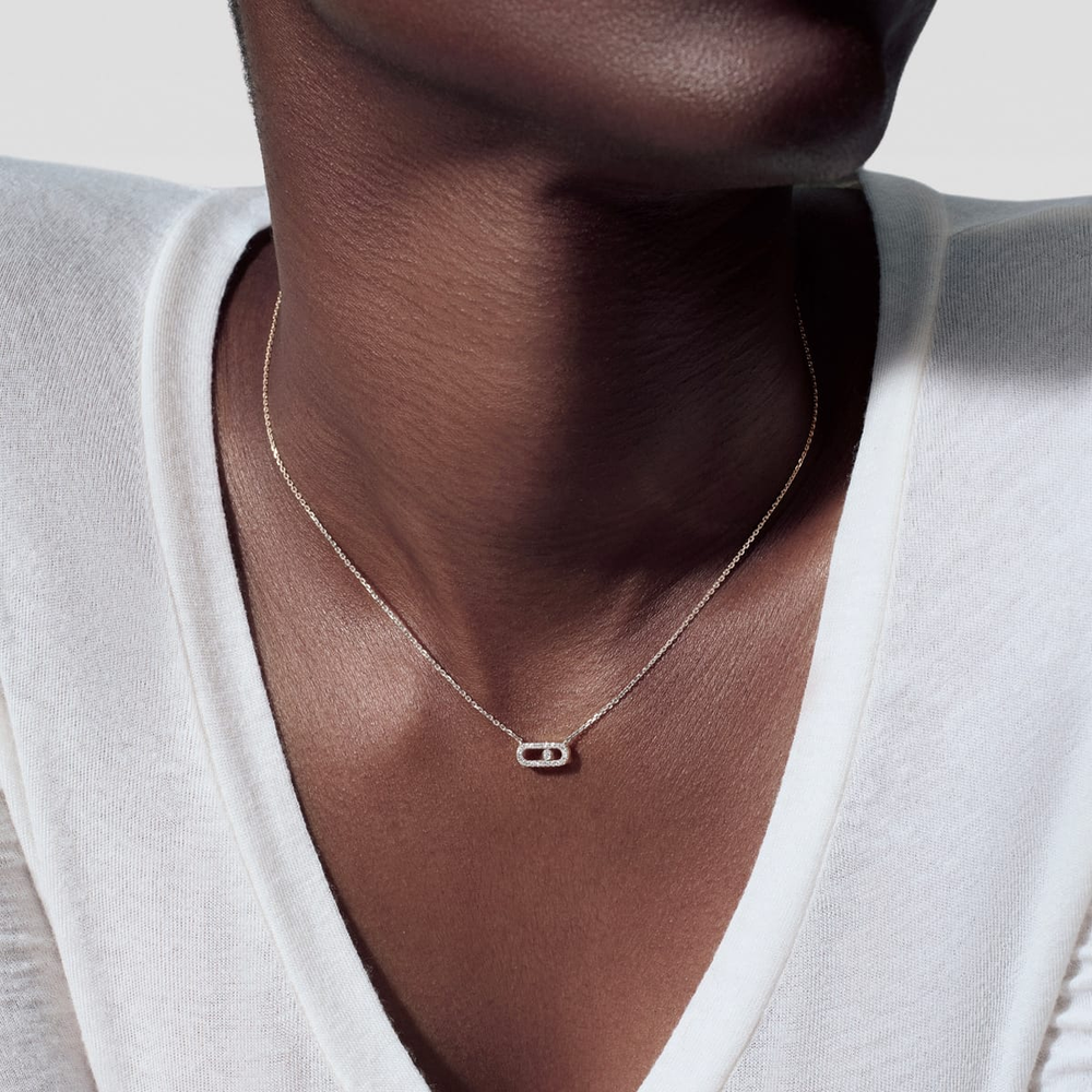 Move Uno pavé necklace, mini model Move Uno necklace in 18-karat white gold, motif set with brilliant-cut diamonds and one moving diamond in the center.