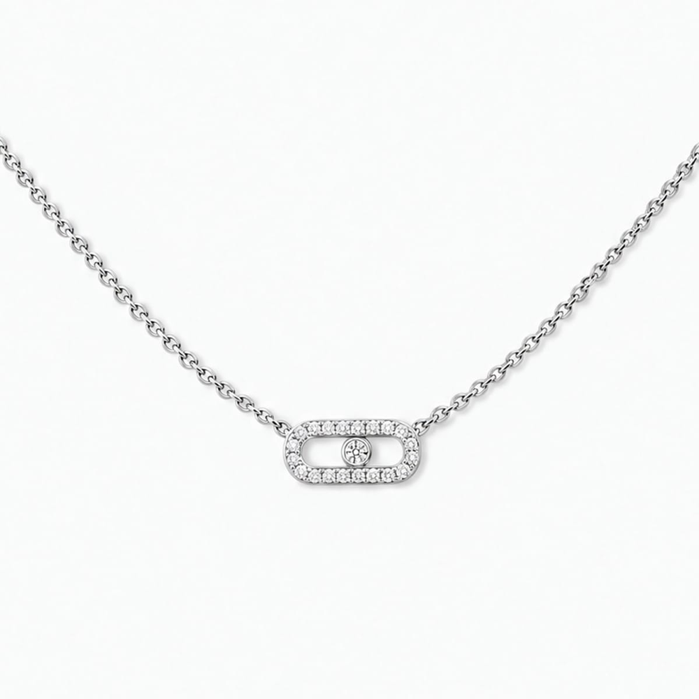 Move Uno pavé necklace, mini model Move Uno necklace in 18-karat white gold, motif set with brilliant-cut diamonds and one moving diamond in the center.