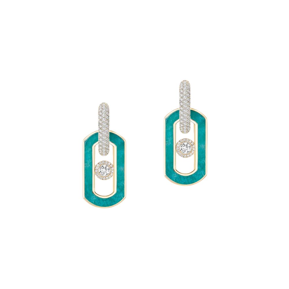 So Move amazonite drop earrings So Move earrings in 18-karat yellow gold and amazonite with pavé diamonds, set with a central brilliant-cut moving diamond and elevated by a diamond entourage.