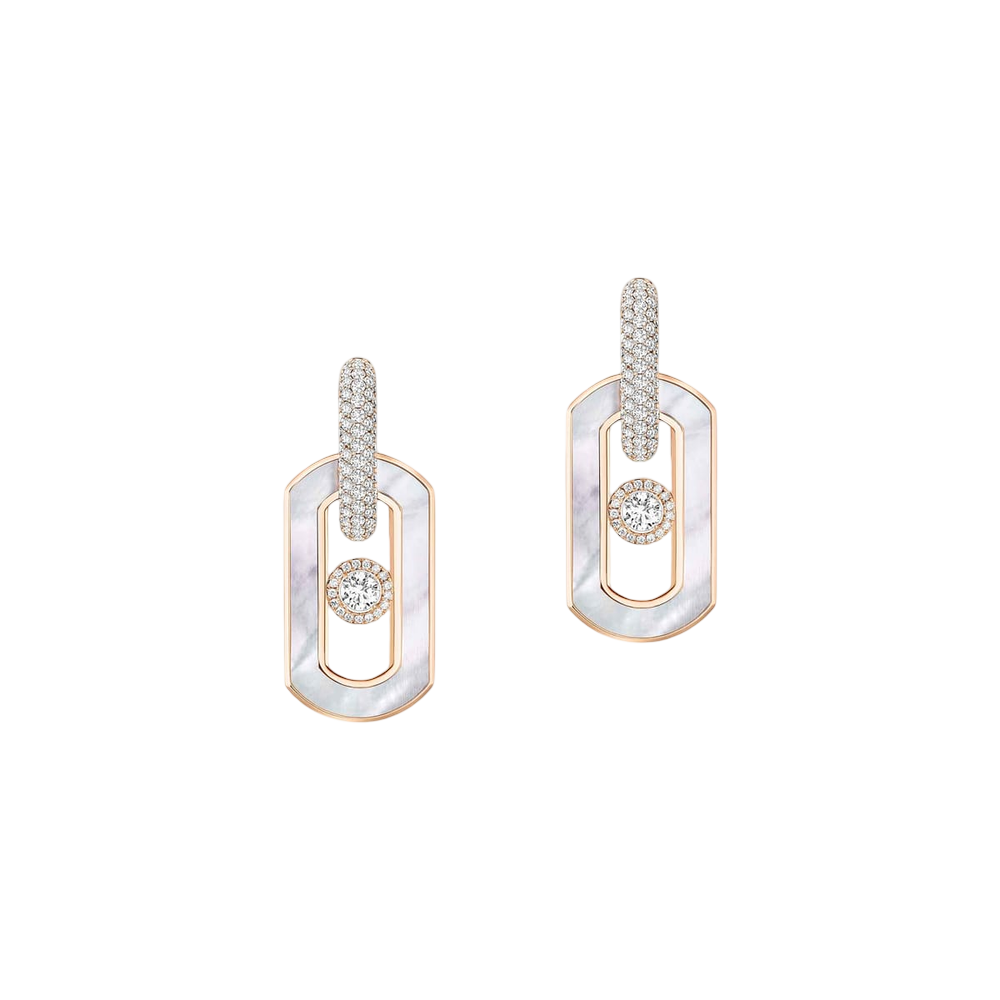 So Move Ohrhänger weißes Perlmutt So Move Ohrringe aus 18 Karat Roségold und weißem Perlmutt mit Diamanten ausgefasst und mit einem beweglichen Diamanten im Brillantschliff in der Mitte, von einer Diamantumrandung in Szene gesetzt.
