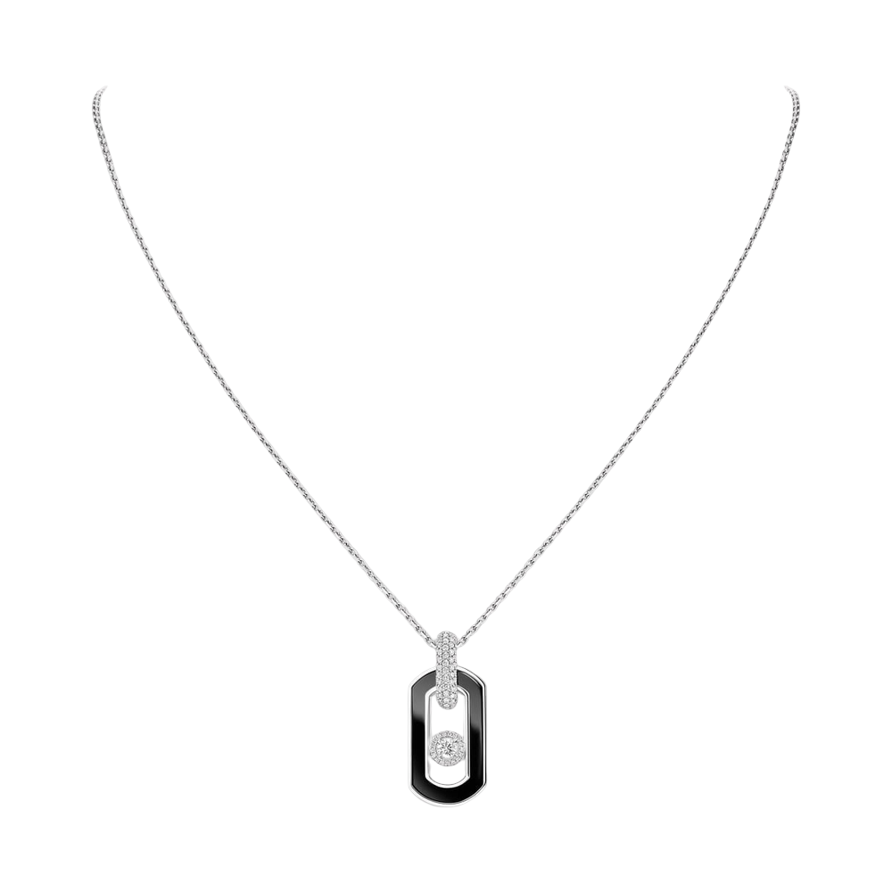 So Move onyx necklace So Move necklace in 18-karat white gold and onyx, pendant ring features pavé diamonds and a motif set with a brilliant-cut moving diamond, elevated by a diamond entourage. Adjustable thanks to its sliding clasp.