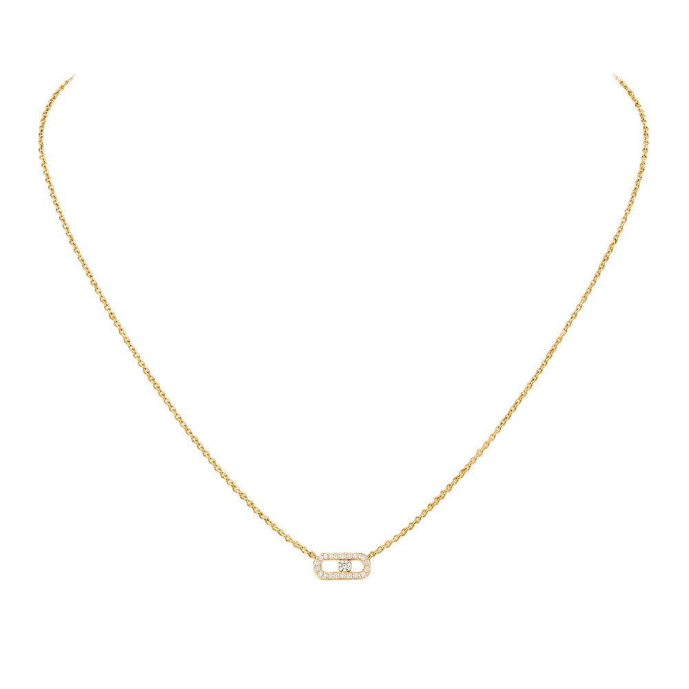 Move Uno Halskette mit Diamanten ausgefasst, Mini-Modell Move Uno Halskette aus 18 Karat Gelbgold mit einem Motiv, das mit Diamanten im Brillantschliff und einem beweglichen Diamanten in der Mitte besetzt ist.