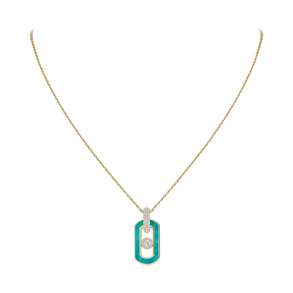 So Move amazonite necklace So Move necklace in 18-karat yellow gold and amazonite, pendant ring features pavé diamonds and a motif set with a brilliant-cut moving diamond, elevated by a diamond entourage. Adjustable thanks to its sliding clasp.
