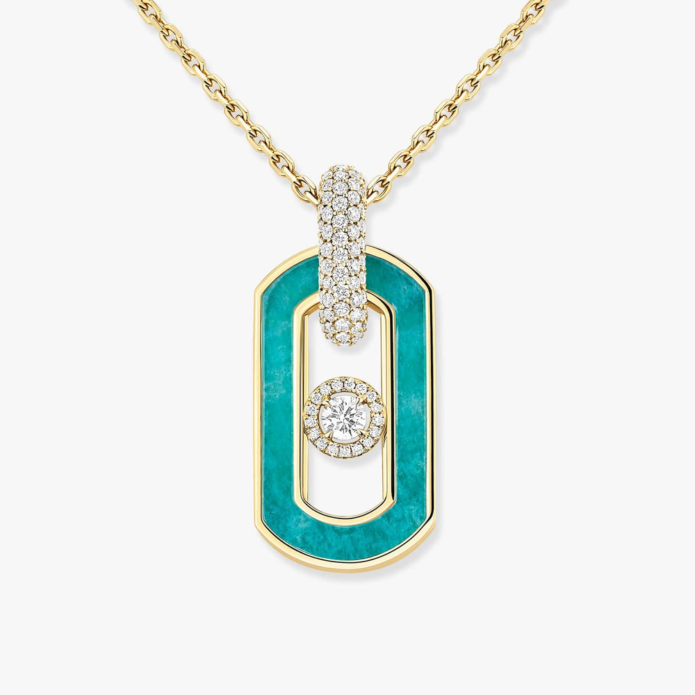 So Move amazonite necklace So Move necklace in 18-karat yellow gold and amazonite, pendant ring features pavé diamonds and a motif set with a brilliant-cut moving diamond, elevated by a diamond entourage. Adjustable thanks to its sliding clasp.